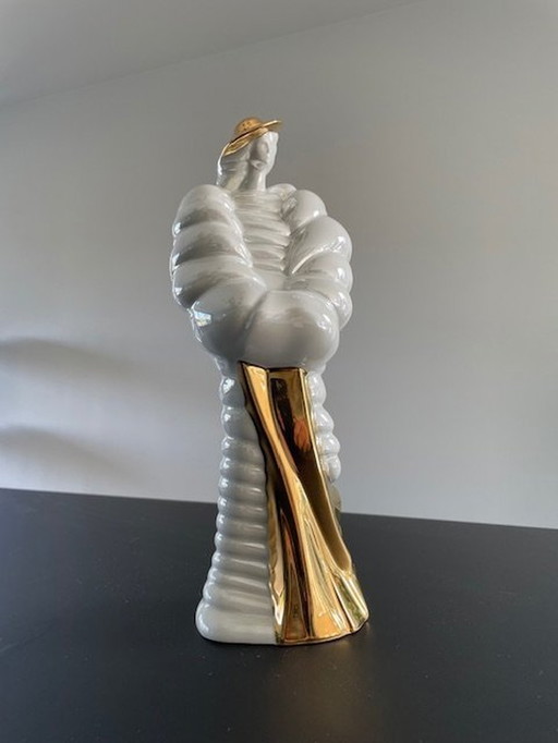 Vintage (Jaren '80) Beeld Dame Bontjas - Goud, Parelmoer Wit