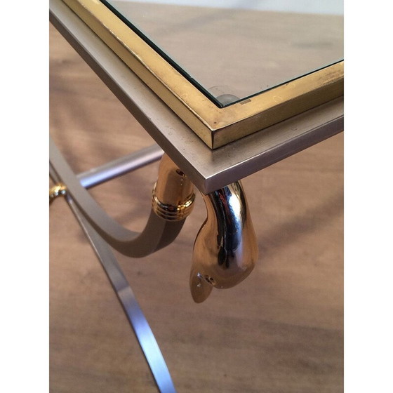 Image 1 of Vintage salontafel in geborsteld metaal, glas en messing van Maison Jansen, 1970