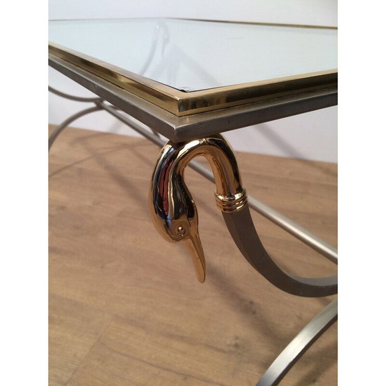 Image 1 of Vintage salontafel in geborsteld metaal, glas en messing van Maison Jansen, 1970
