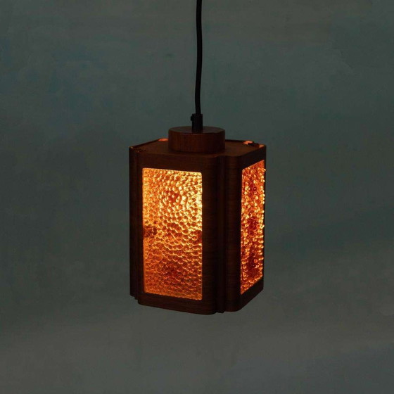 Image 1 of Vintage glazen hanglamp teak, bubble glass sixties pendant