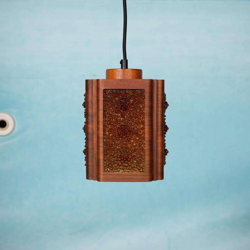 Vintage glazen hanglamp teak, bubble glass sixties pendant