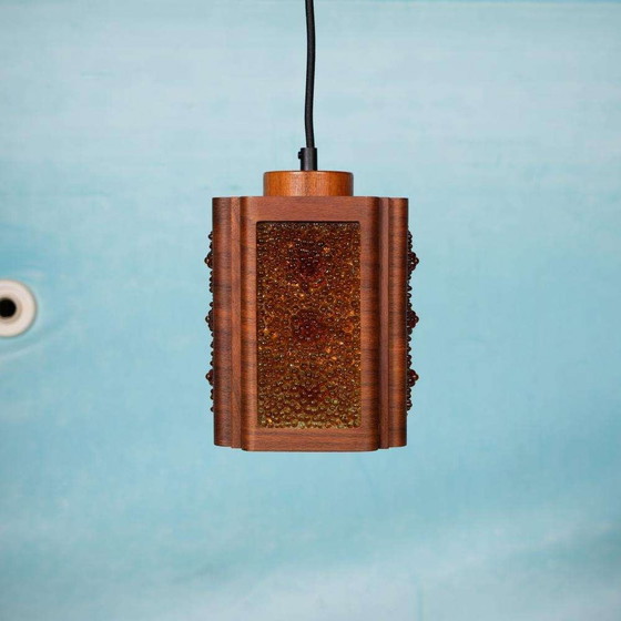 Image 1 of Vintage glazen hanglamp teak, bubble glass sixties pendant