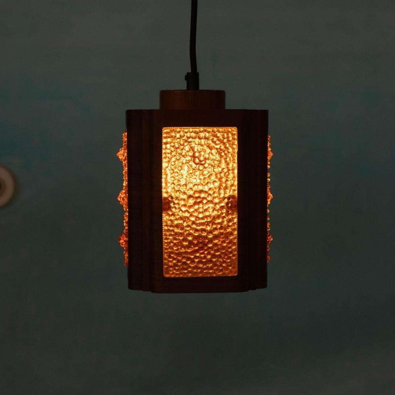 Image 1 of Vintage glazen hanglamp teak, bubble glass sixties pendant