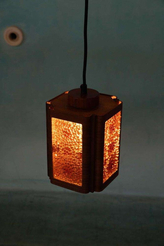 Image 1 of Vintage glazen hanglamp teak, bubble glass sixties pendant