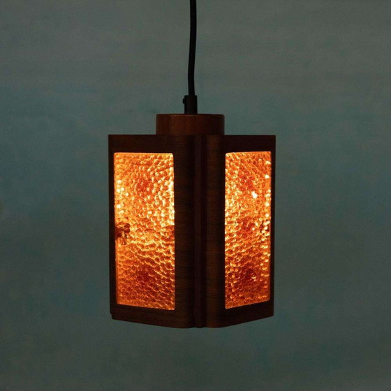 Image 1 of Vintage glazen hanglamp teak, bubble glass sixties pendant