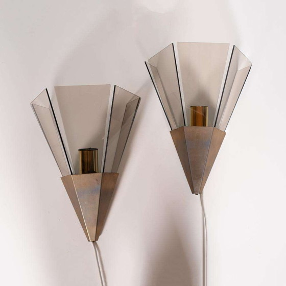 Image 1 of Brutalist set wandlampen Cosack, smoked glas & brass scones