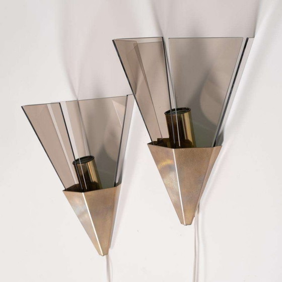 Image 1 of Brutalist set wandlampen Cosack, smoked glas & brass scones