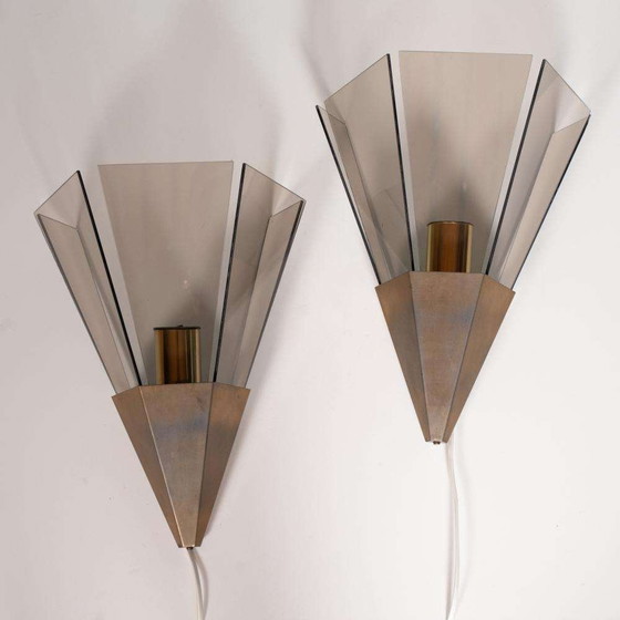 Image 1 of Brutalist set wandlampen Cosack, smoked glas & brass scones