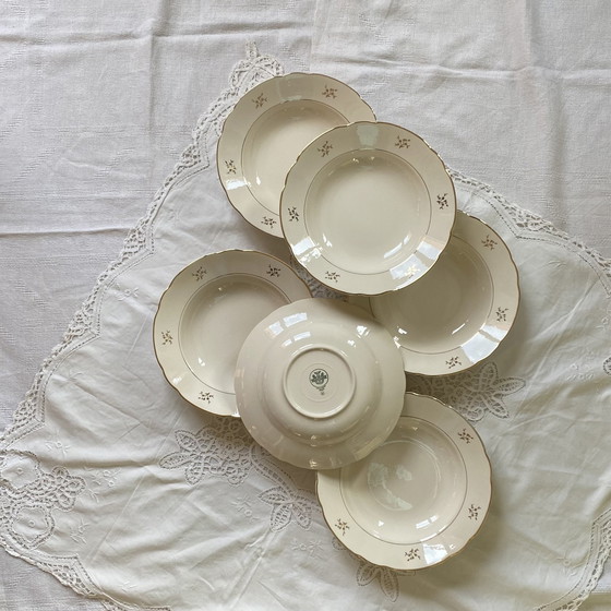 Image 1 of Set van 6 Antieke Aardewerk Soepborden Crème En Verguld Met Bloemen Villeroy Et Boch