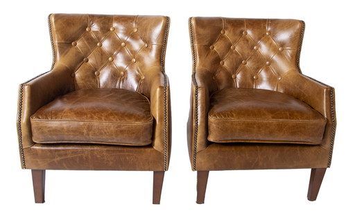 2 x Chesterfield vintage leer fauteuils