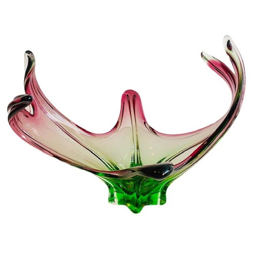 Vintage XL Murano glas schaal fuchsia groen 1970's