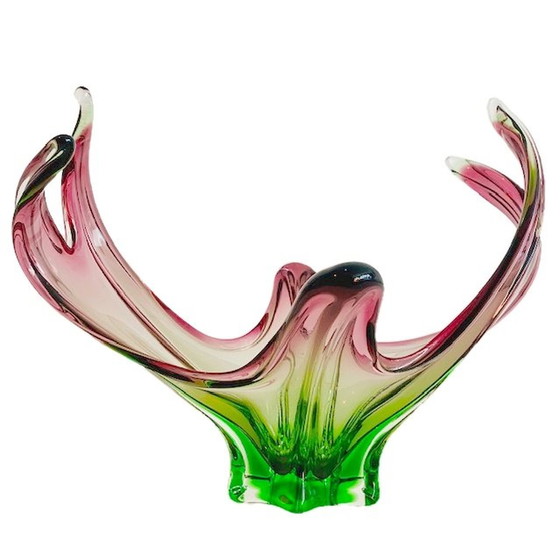 Image 1 of Vintage XL Murano glas schaal fuchsia groen 1970's