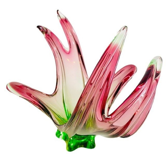 Image 1 of Vintage XL Murano glas schaal fuchsia groen 1970's