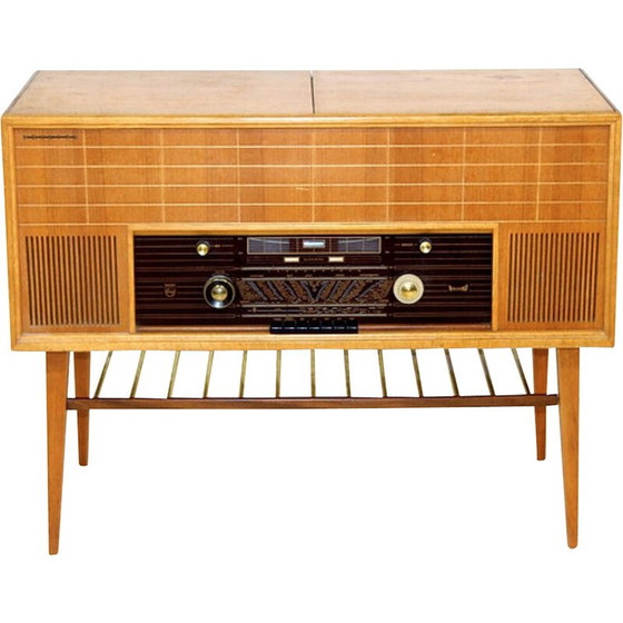 Image 1 of Vintage vinyl radiokast "Type F6S 04AR" in eiken en teak voor Philips, 1950
