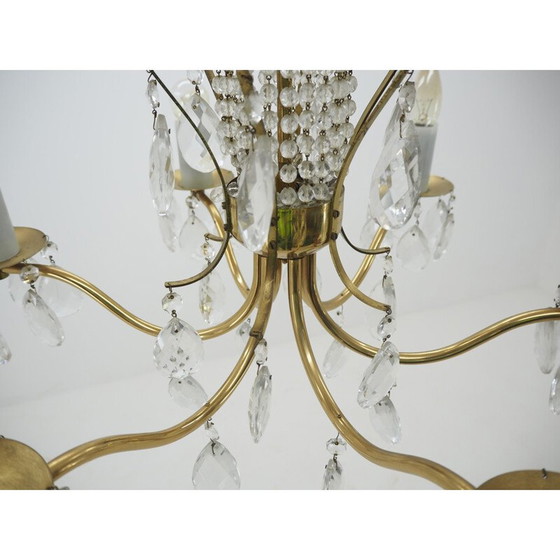 Image 1 of Vintage kroonluchter van glas, messing en Boheems kristal, 1950