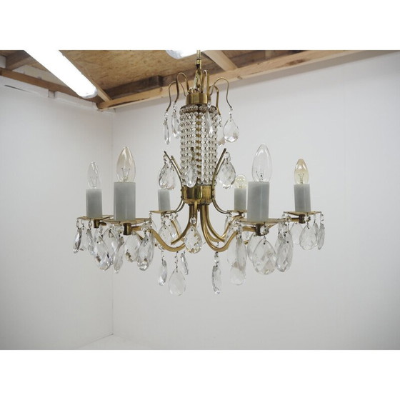 Image 1 of Vintage kroonluchter van glas, messing en Boheems kristal, 1950