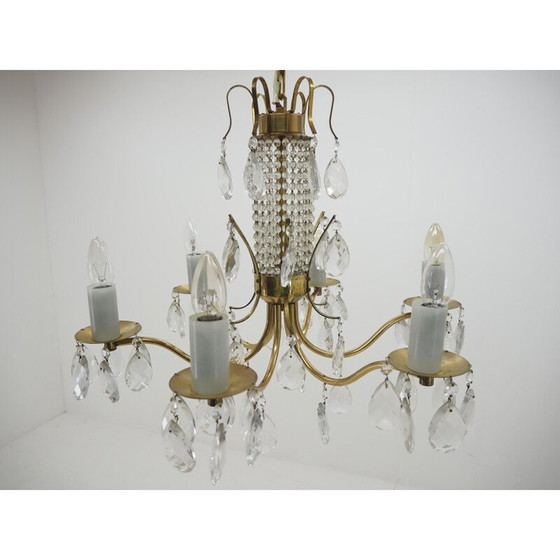 Image 1 of Vintage kroonluchter van glas, messing en Boheems kristal, 1950