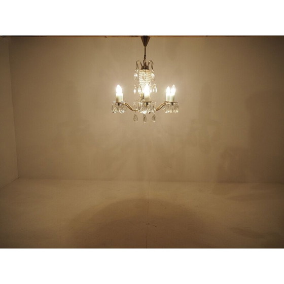 Image 1 of Vintage kroonluchter van glas, messing en Boheems kristal, 1950