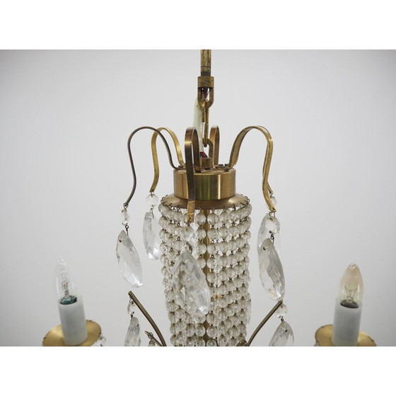 Image 1 of Vintage kroonluchter van glas, messing en Boheems kristal, 1950