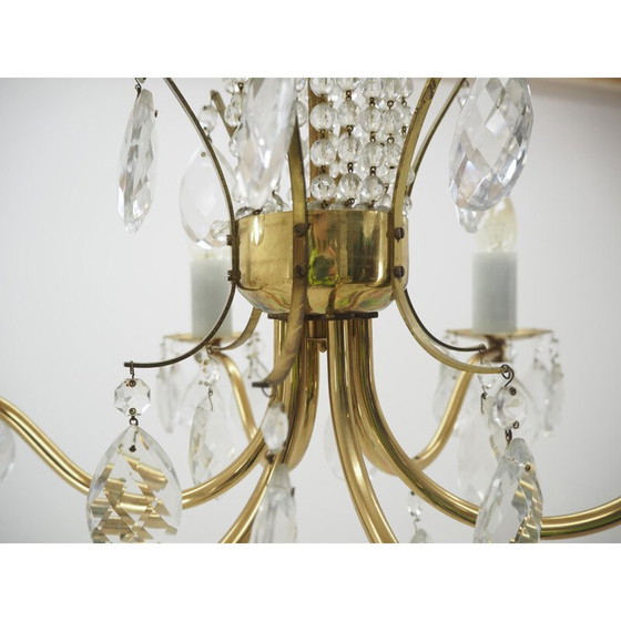 Image 1 of Vintage kroonluchter van glas, messing en Boheems kristal, 1950