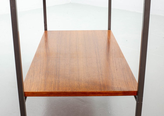 Image 1 of Minimalistische Stiemsma Mobiele Bijzettafel / Trolley met twee Teak lagen op een zwart stalen frame. Nederland