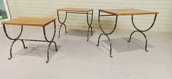 Image 1 of Houten tafelblad en smeedijzeren poten Set van Nesting Tables