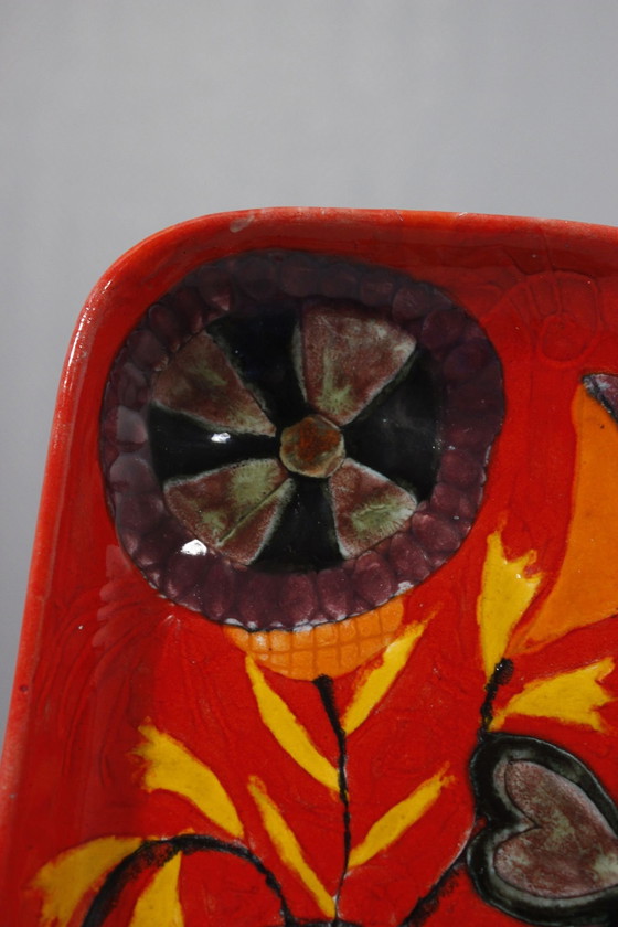 Image 1 of Elio Schiavon - Groot Buideltasje Aardewerk & Bloemmotief Italië 1950S