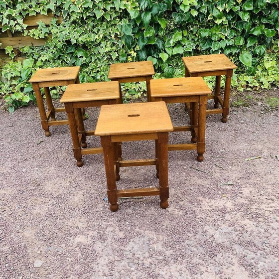 Image 1 of Set van 6 vintage eiken krukjes