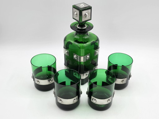 Vintage Whisky Set, Smaragd Groen Met Applicaties