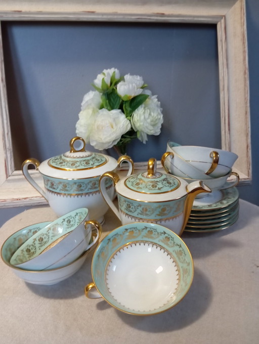 Service Café/Thé Rétro 1950 Porcelaine Dorure Vert Mint, Decorateur Bardet, Limoges Francebardet