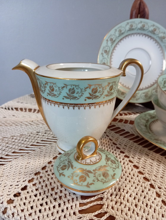 Image 1 of Service Café/Thé Rétro 1950 Porcelaine Dorure Vert Mint, Decorateur Bardet, Limoges Francebardet