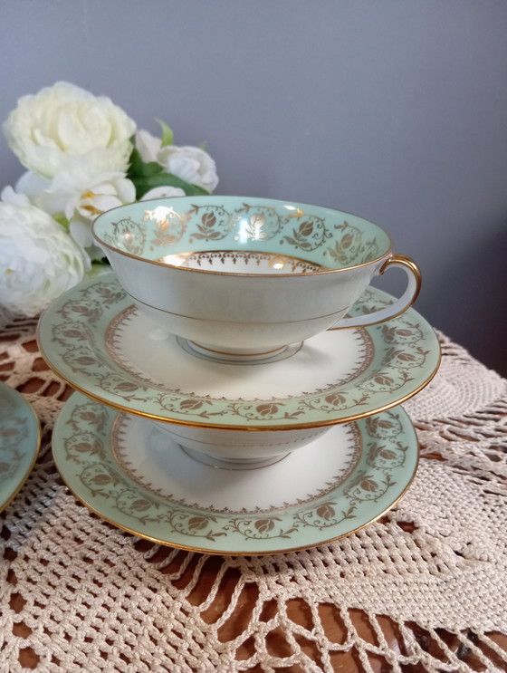 Image 1 of Service Café/Thé Rétro 1950 Porcelaine Dorure Vert Mint, Decorateur Bardet, Limoges Francebardet