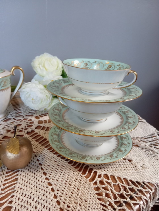 Image 1 of Service Café/Thé Rétro 1950 Porcelaine Dorure Vert Mint, Decorateur Bardet, Limoges Francebardet