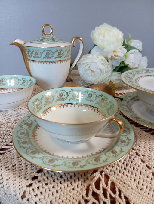 Service Café/Thé Rétro 1950 Porcelaine Dorure Vert Mint, Decorateur Bardet, Limoges Francebardet