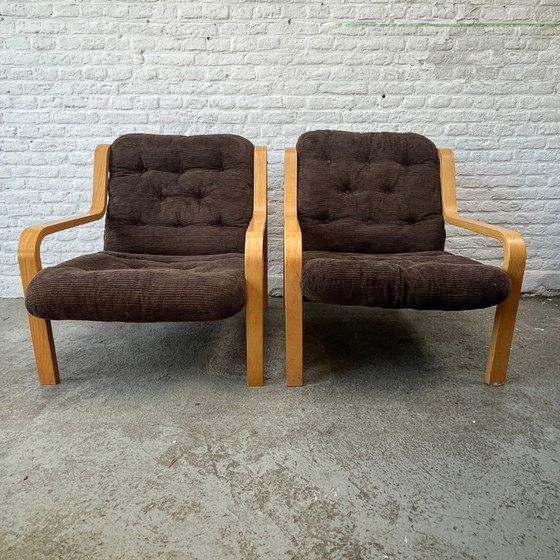 Image 1 of Fauteuil hout – bruin corduroy | jaren ’70 