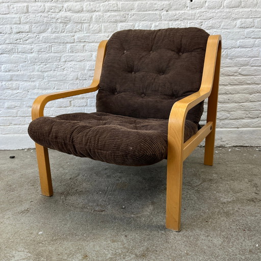 Fauteuil hout – bruin corduroy | jaren ’70 