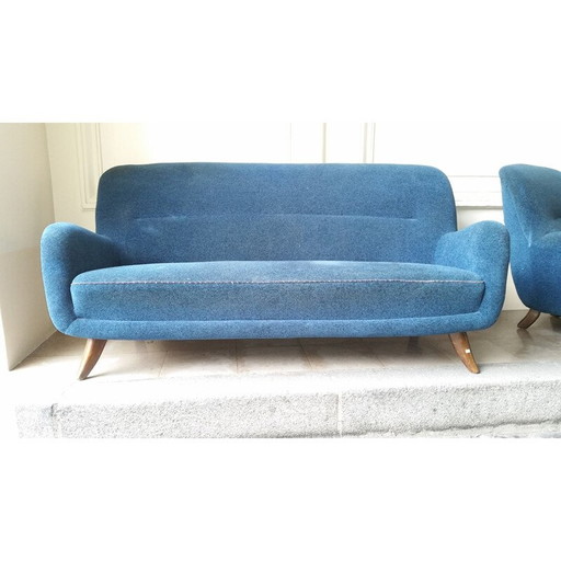 3-zits blauwe vintage bank in fluwelen stof, 1950