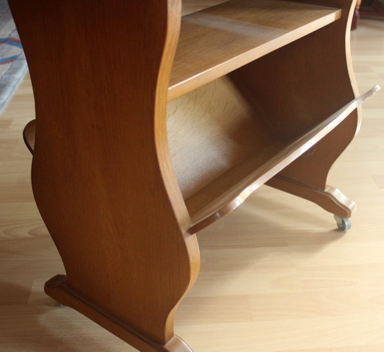 Image 1 of Mid Century krantenwagen hout met keramische tegels, op wielen, vintage