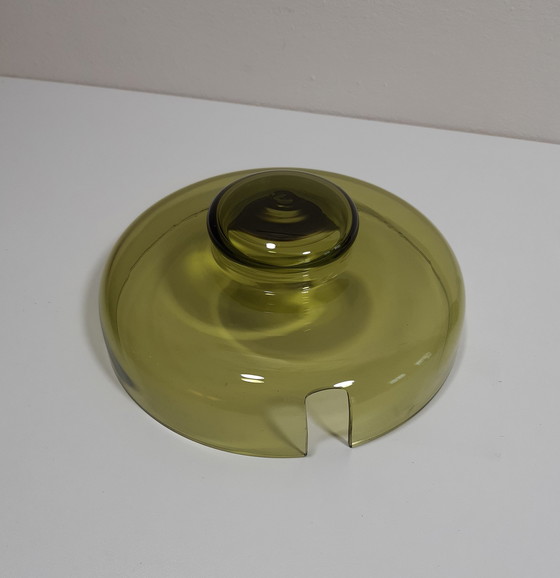 Image 1 of Olijfgroene/Groenviolet Glazenbowl Met Deksel En Bijbehorende Glazen Schepklepel Met Schenktuit.