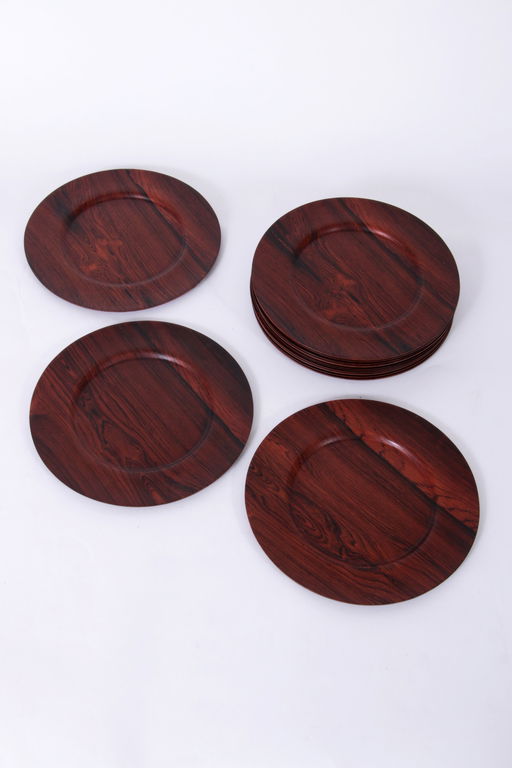 Vintage Danish Plywood Rosewood And Teak Plates From Morsbak, 1960S, Set Of 14