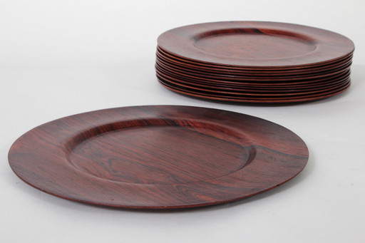 Vintage Danish Plywood Rosewood And Teak Plates From Morsbak, 1960S, Set Of 14