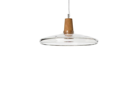 Image 1 of 3 X Dreizehngrad Design Hanglamp, Handgeblazen Met Houten Fitting