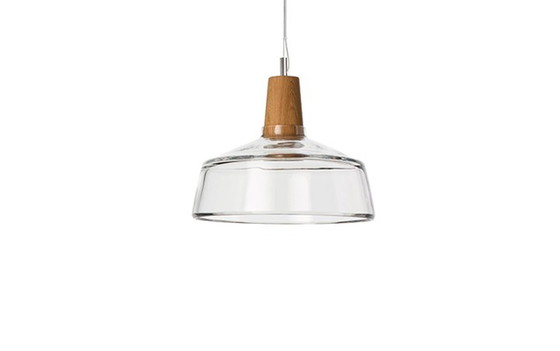 Image 1 of 3 X Dreizehngrad Design Hanglamp, Handgeblazen Met Houten Fitting