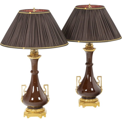 Paar vintage porseleinen en bronzen lampen voor Maison Gagneau, Frankrijk 1880