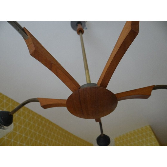 Image 1 of Vintage Scandinavische kroonluchter van teakhout en glas