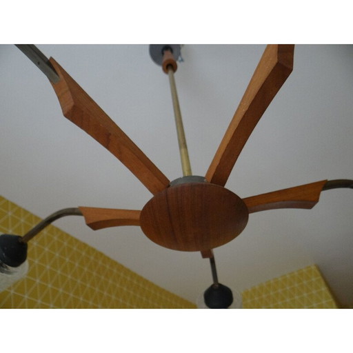 Vintage Scandinavische kroonluchter van teakhout en glas