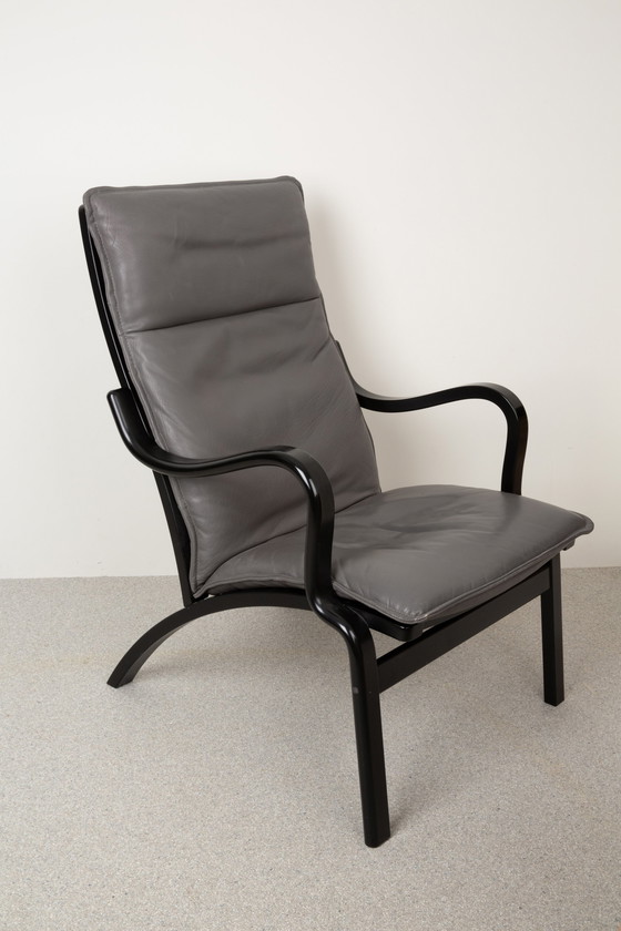 Image 1 of Vintage Zwart Leren Fauteuil – Stouby 1970, Model Mimi | Deens Design