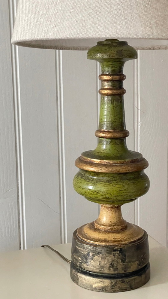 Image 1 of Vintage Houtgedraaide Chique Gouden Lamp