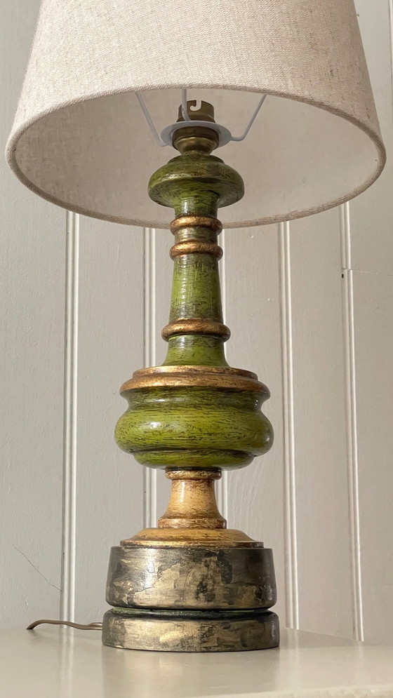 Image 1 of Vintage Houtgedraaide Chique Gouden Lamp