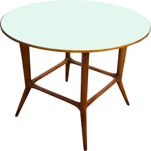 Vintage ronde tafel van massief walnoothout en glas, 1950